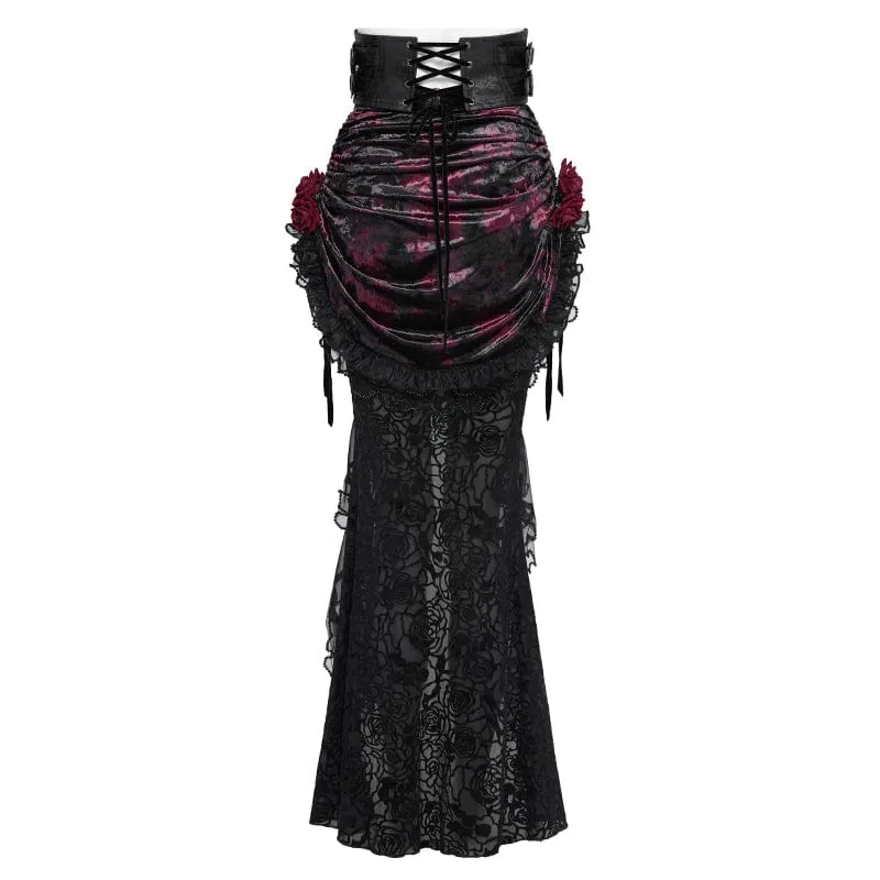 Gothic-Rock für Damen mit Rosenmuster, Schnürung und asymmetrischem Saum, Schwarz-Rot