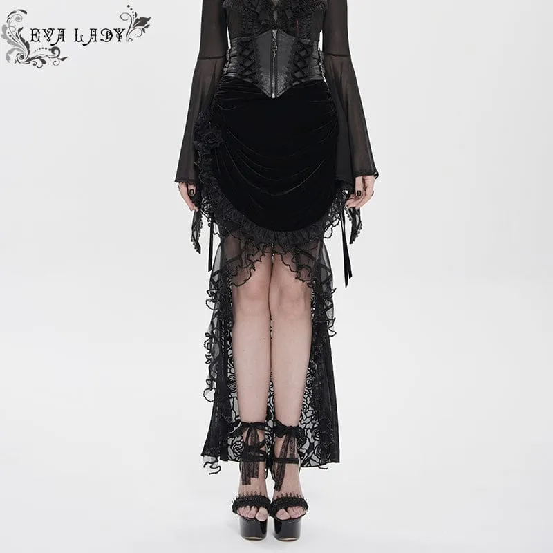 Schwarzer Gothic-Rock mit Rosenmuster, Schnürung und unregelmäßigem Saum für Damen