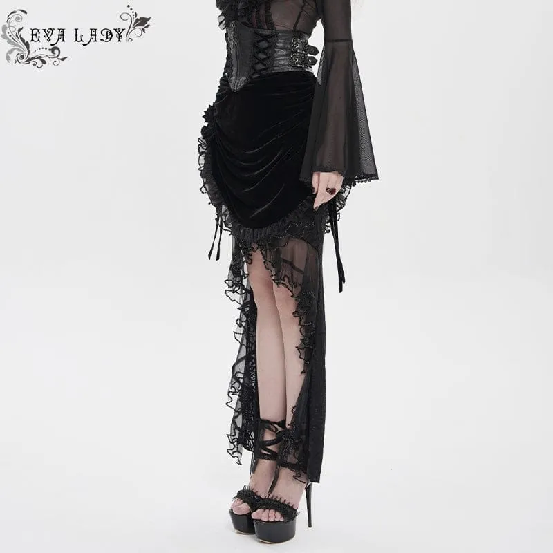 Schwarzer Gothic-Rock mit Rosenmuster, Schnürung und unregelmäßigem Saum für Damen