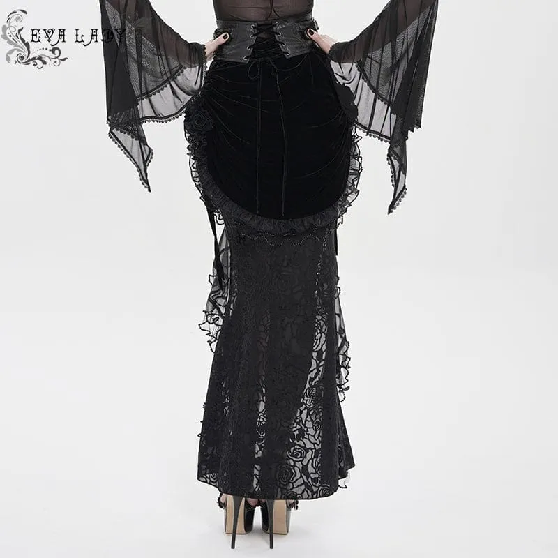 Schwarzer Gothic-Rock mit Rosenmuster, Schnürung und unregelmäßigem Saum für Damen