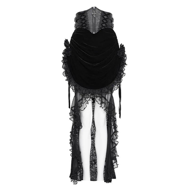 Schwarzer Gothic-Rock mit Rosenmuster, Schnürung und unregelmäßigem Saum für Damen