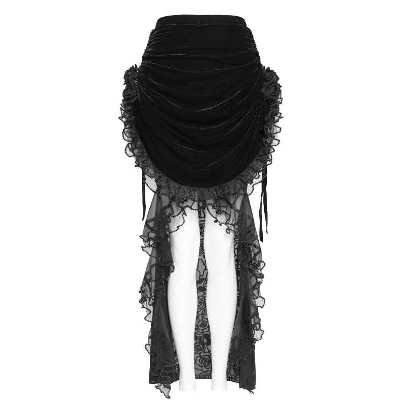 Schwarzer Gothic-Rock mit Rosenmuster, Schnürung und unregelmäßigem Saum für Damen