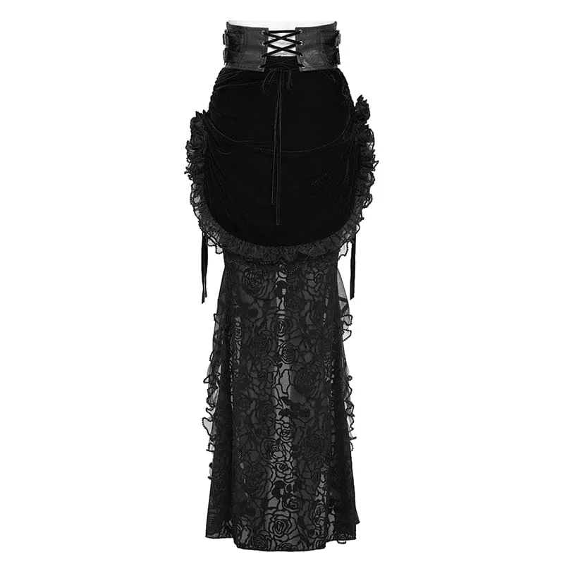 Schwarzer Gothic-Rock mit Rosenmuster, Schnürung und unregelmäßigem Saum für Damen