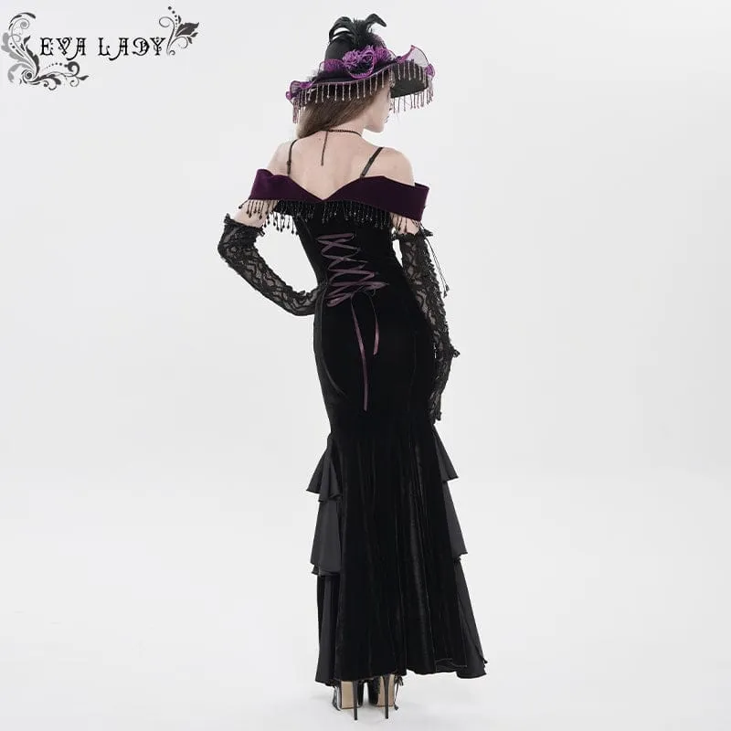 Gothic-Kleid mit Blumenstickerei und Quasten, schulterfrei, schwarz-lila
