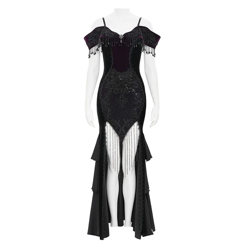 Gothic-Kleid mit Blumenstickerei und Quasten, schulterfrei, schwarz-lila