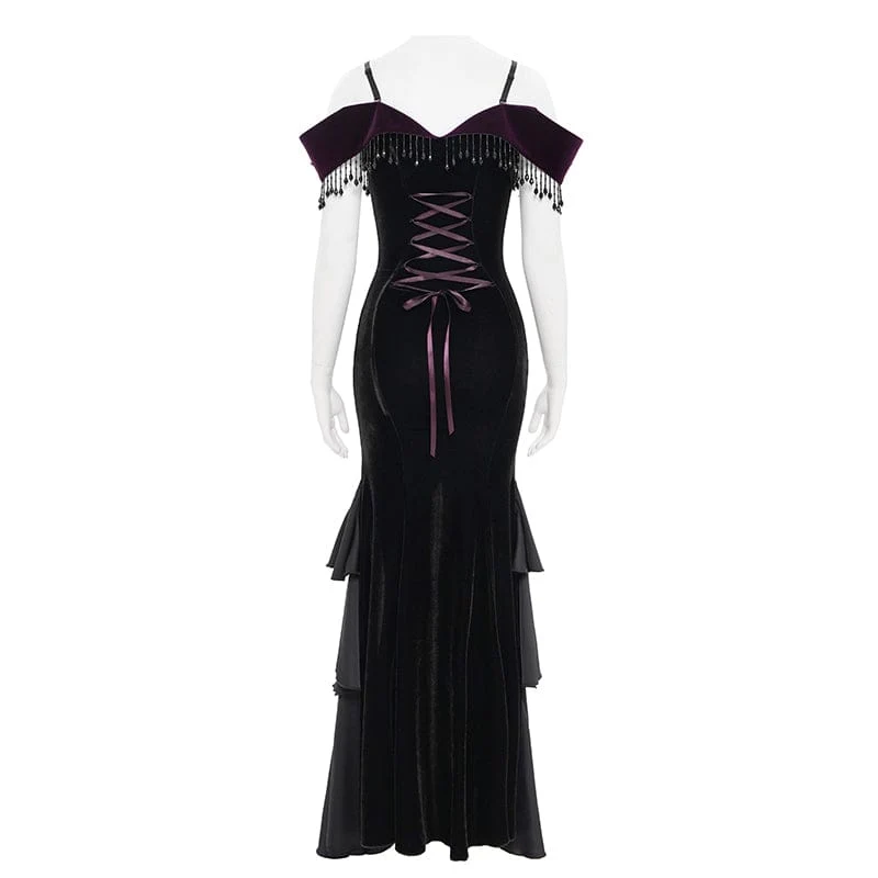 Gothic-Kleid mit Blumenstickerei und Quasten, schulterfrei, schwarz-lila