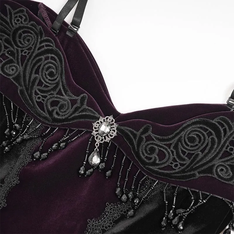 Gothic-Kleid mit Blumenstickerei und Quasten, schulterfrei, schwarz-lila