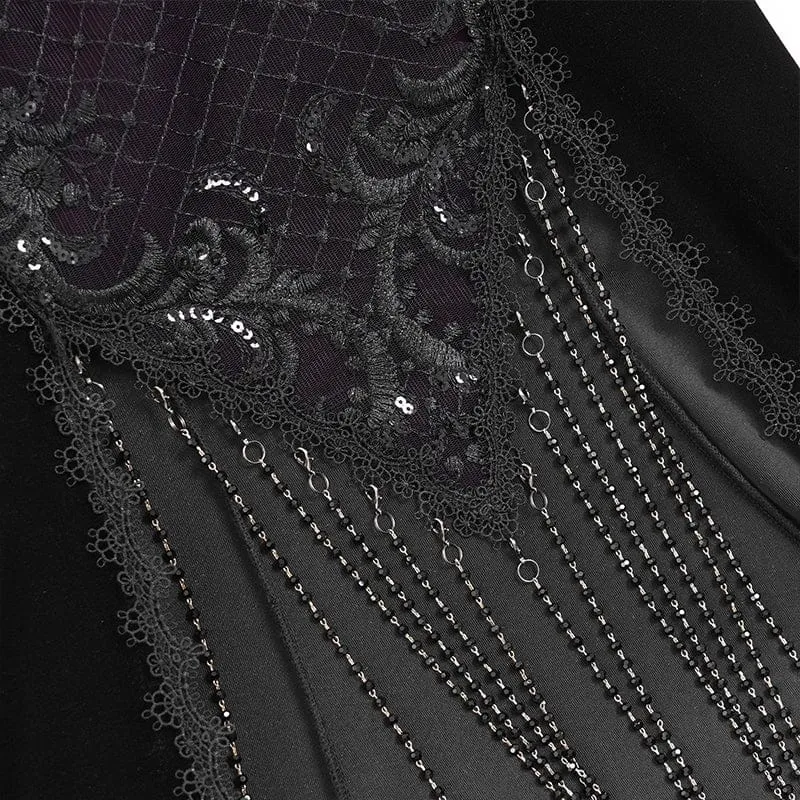 Gothic-Kleid mit Blumenstickerei und Quasten, schulterfrei, schwarz-lila