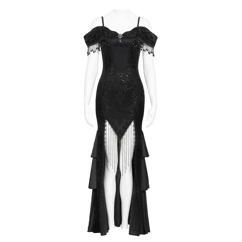 Schwarzes, gotisches Damen-Slipkleid mit Blumenstickerei und Quasten, schulterfrei, für Hochzeiten
