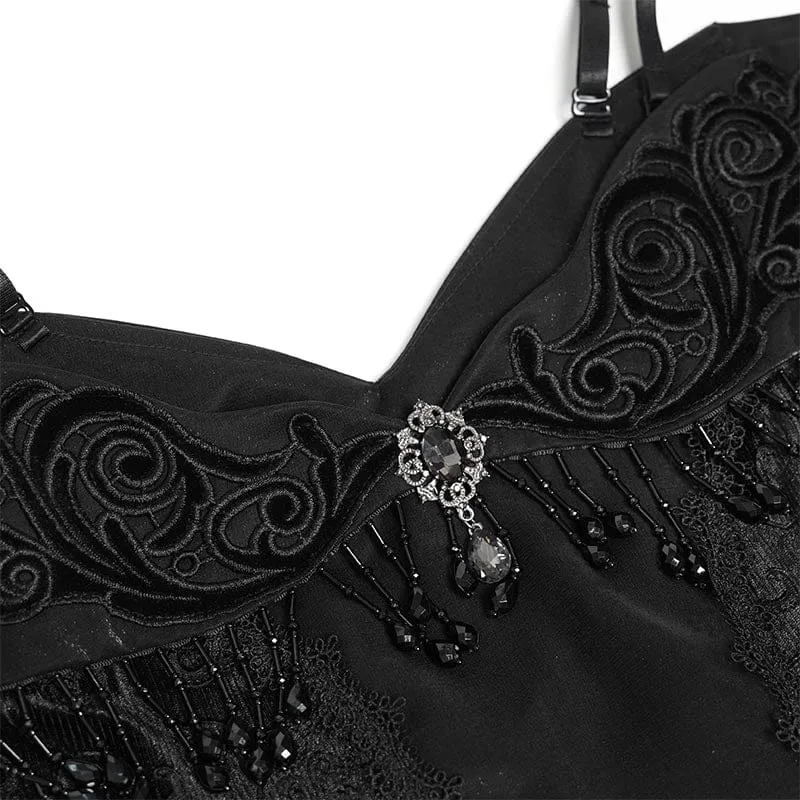 Schwarzes, gotisches Damen-Slipkleid mit Blumenstickerei und Quasten, schulterfrei, für Hochzeiten