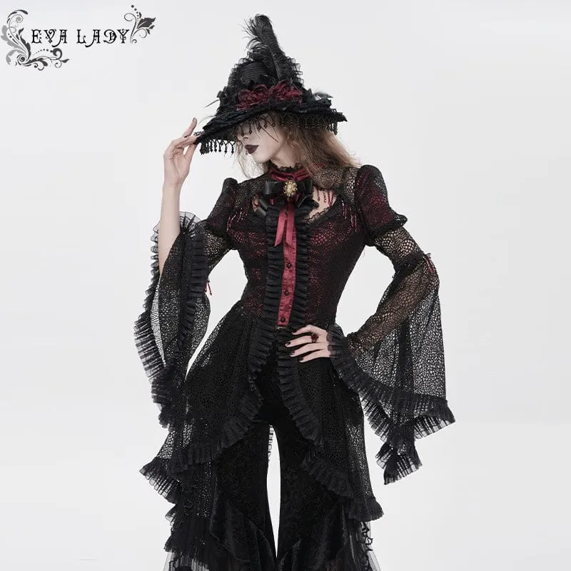Gothic-Damenbluse mit Cut-outs, Perlenbesatz und ausgestellten Ärmeln, Schwarz-Rot