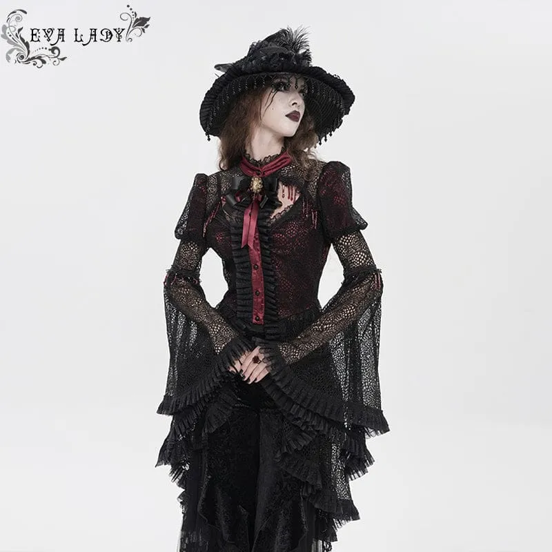 Gothic-Damenbluse mit Cut-outs, Perlenbesatz und ausgestellten Ärmeln, Schwarz-Rot