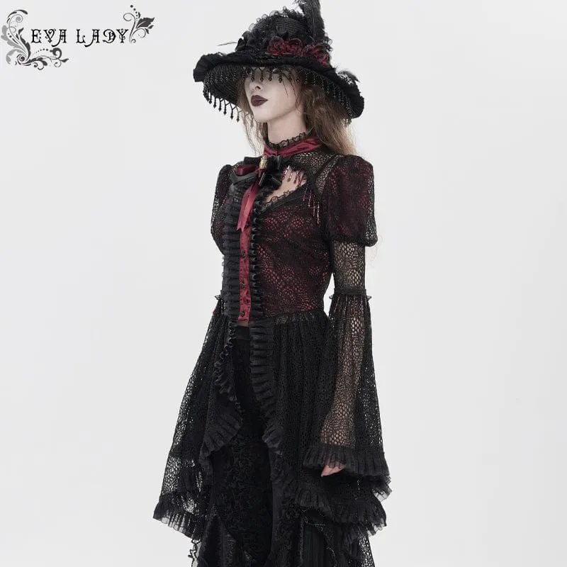 Gothic-Damenbluse mit Cut-outs, Perlenbesatz und ausgestellten Ärmeln, Schwarz-Rot