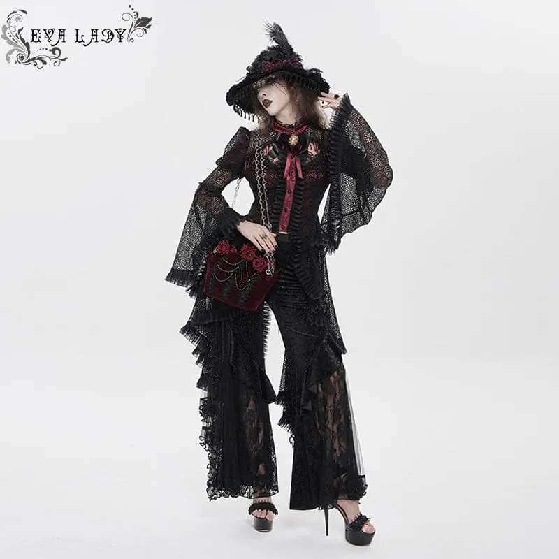 Gothic-Damenbluse mit Cut-outs, Perlenbesatz und ausgestellten Ärmeln, Schwarz-Rot