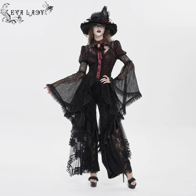 Gothic-Damenbluse mit Cut-outs, Perlenbesatz und ausgestellten Ärmeln, Schwarz-Rot