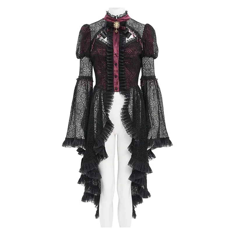 Gothic-Damenbluse mit Cut-outs, Perlenbesatz und ausgestellten Ärmeln, Schwarz-Rot