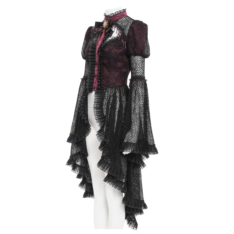Gothic-Damenbluse mit Cut-outs, Perlenbesatz und ausgestellten Ärmeln, Schwarz-Rot