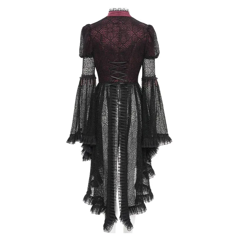 Gothic-Damenbluse mit Cut-outs, Perlenbesatz und ausgestellten Ärmeln, Schwarz-Rot