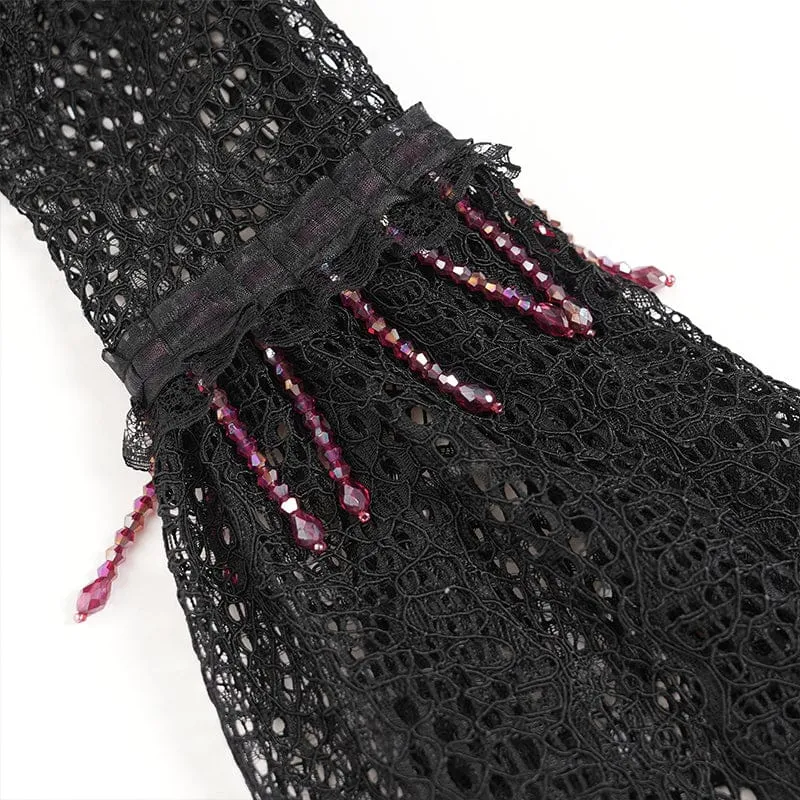 Gothic-Damenbluse mit Cut-outs, Perlenbesatz und ausgestellten Ärmeln, Schwarz-Rot
