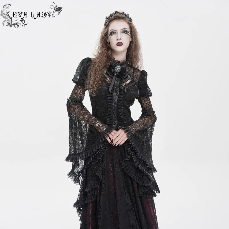 Schwarzes Gothic-Damenhemd mit Cut-outs, Perlenbesatz und ausgestellten Ärmeln
