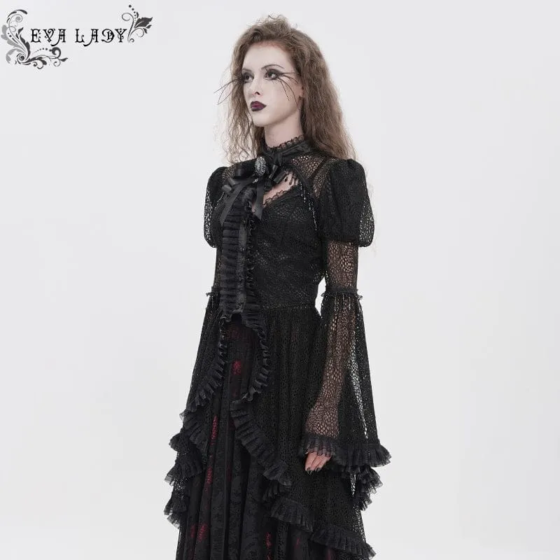 Schwarzes Gothic-Damenhemd mit Cut-outs, Perlenbesatz und ausgestellten Ärmeln