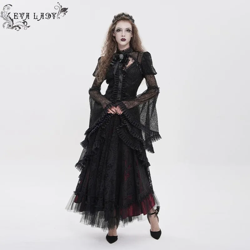 Schwarzes Gothic-Damenhemd mit Cut-outs, Perlenbesatz und ausgestellten Ärmeln