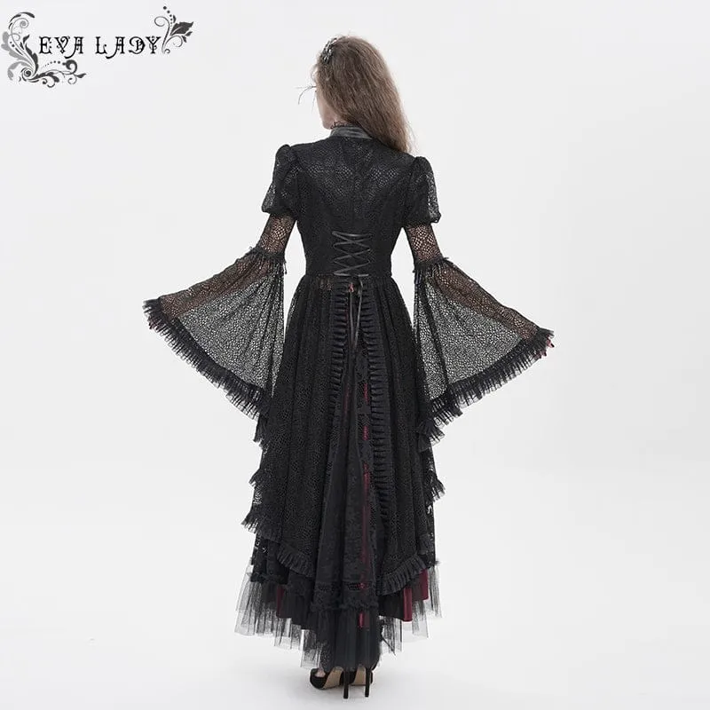 Schwarzes Gothic-Damenhemd mit Cut-outs, Perlenbesatz und ausgestellten Ärmeln