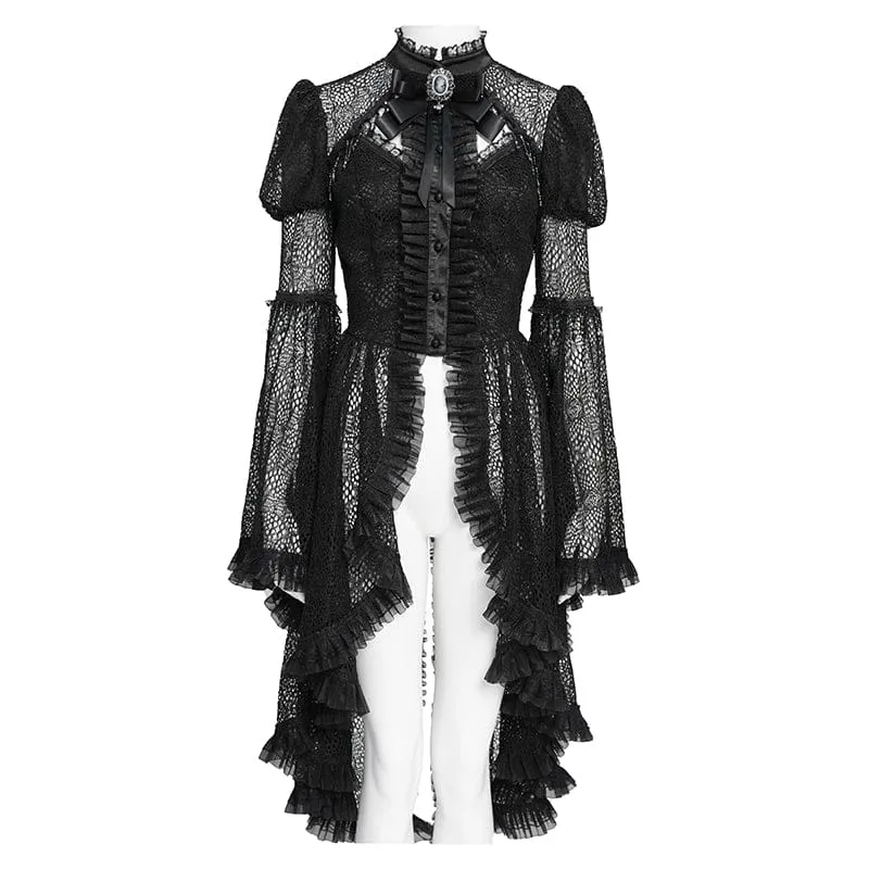 Schwarzes Gothic-Damenhemd mit Cut-outs, Perlenbesatz und ausgestellten Ärmeln