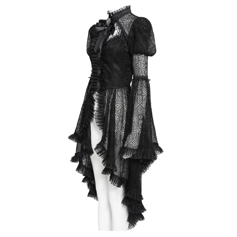Schwarzes Gothic-Damenhemd mit Cut-outs, Perlenbesatz und ausgestellten Ärmeln