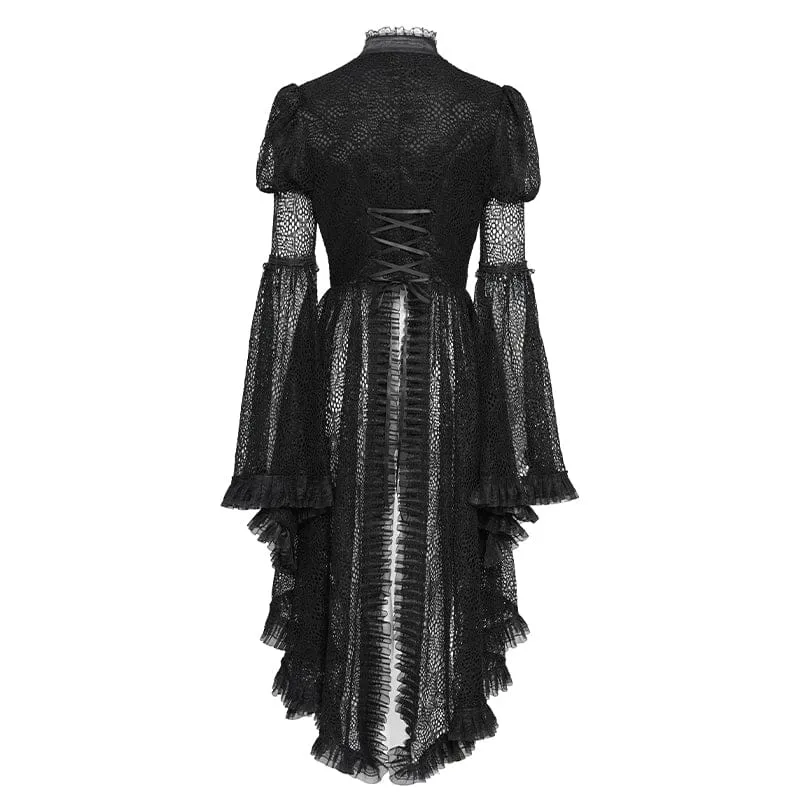 Schwarzes Gothic-Damenhemd mit Cut-outs, Perlenbesatz und ausgestellten Ärmeln