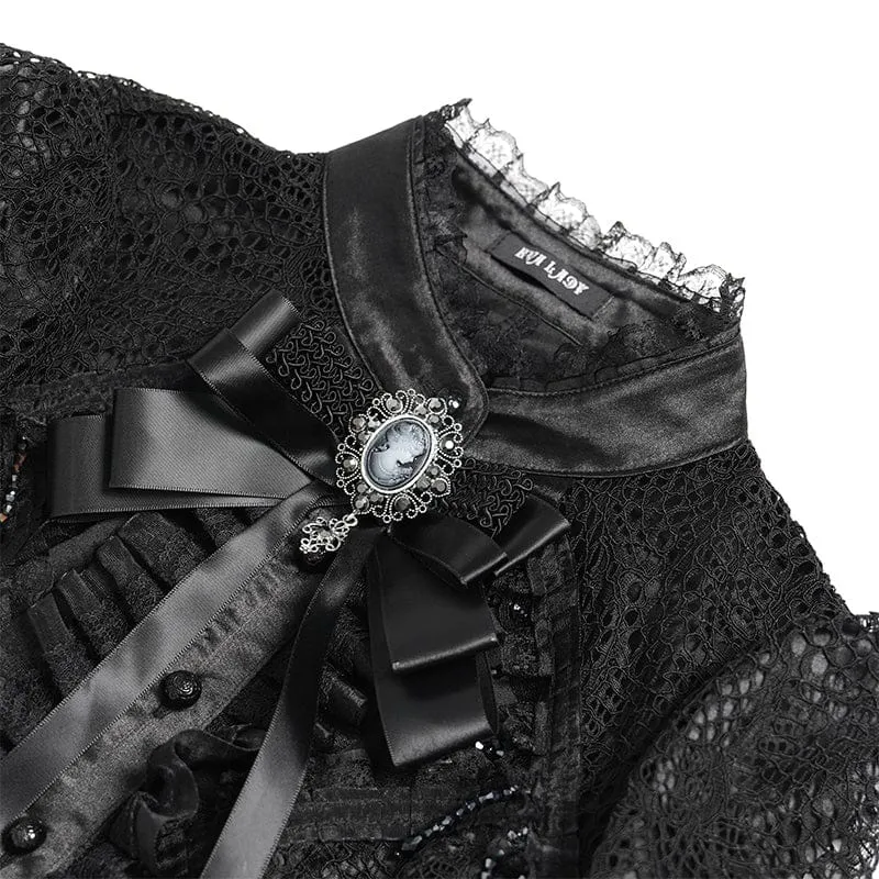 Schwarzes Gothic-Damenhemd mit Cut-outs, Perlenbesatz und ausgestellten Ärmeln