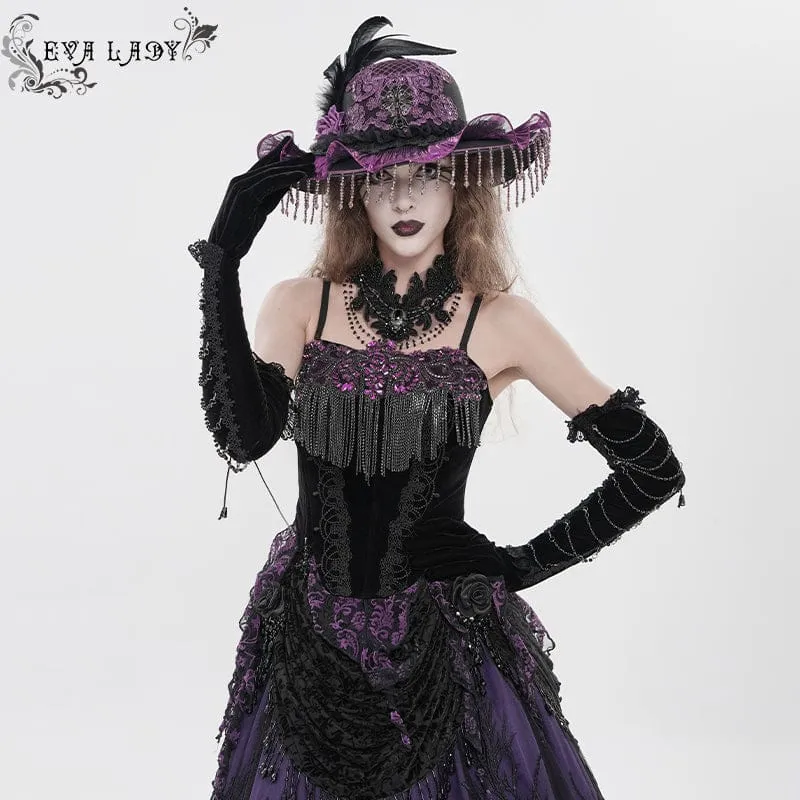 Gothic-Korsett für Damen mit Stickereien, Quasten und Schnürung, schwarz-lila