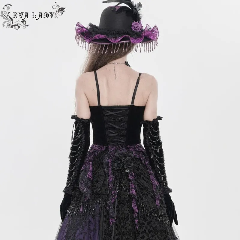 Gothic-Korsett für Damen mit Stickereien, Quasten und Schnürung, schwarz-lila