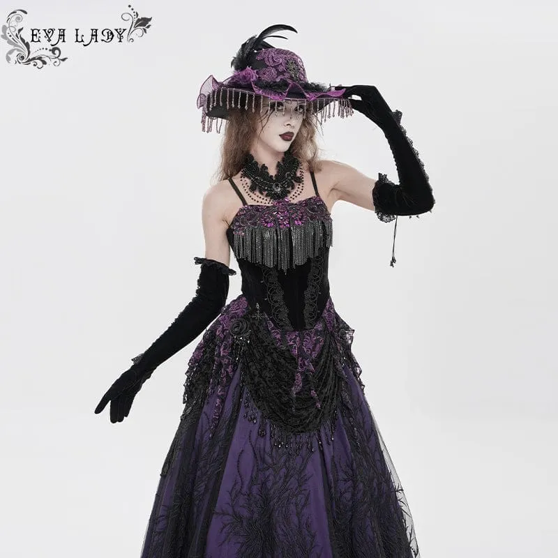 Gothic-Korsett für Damen mit Stickereien, Quasten und Schnürung, schwarz-lila