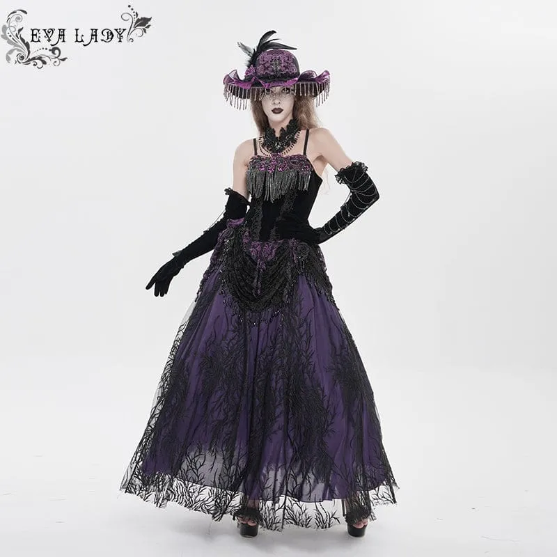 Gothic-Korsett für Damen mit Stickereien, Quasten und Schnürung, schwarz-lila