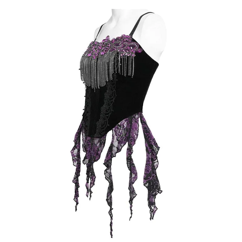 Gothic-Korsett für Damen mit Stickereien, Quasten und Schnürung, schwarz-lila