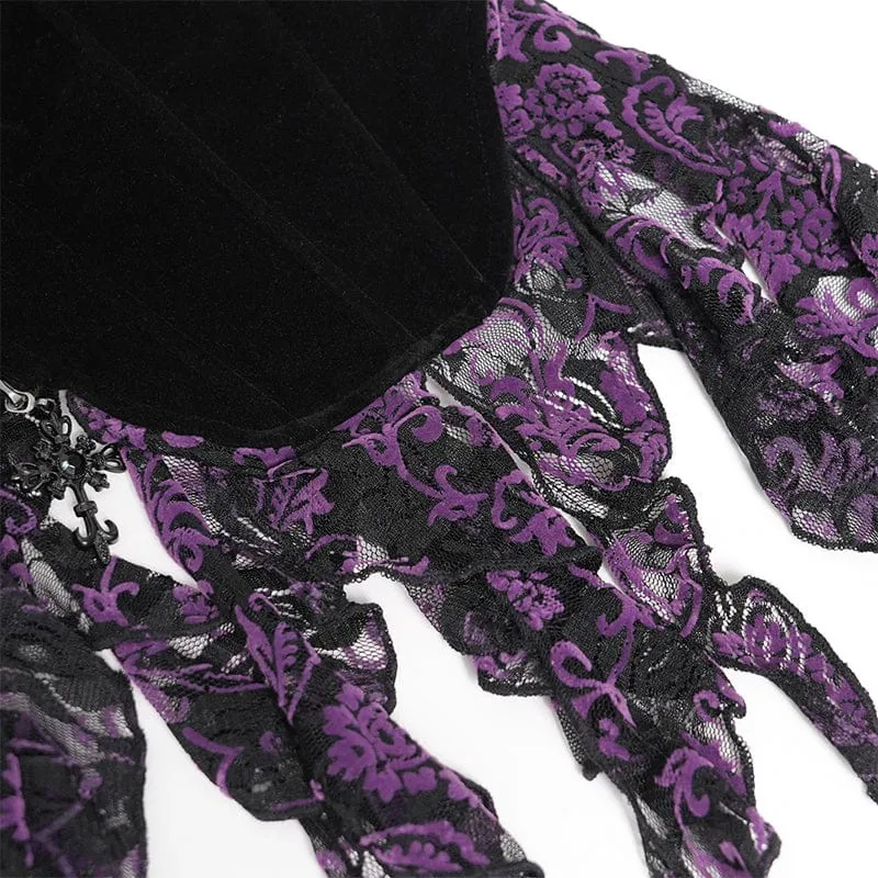 Gothic-Korsett für Damen mit Stickereien, Quasten und Schnürung, schwarz-lila
