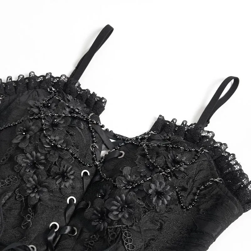 Gothic-Korsett für Damen mit Blumenmuster, Perlenbesatz und Rüschen, Überbrustband