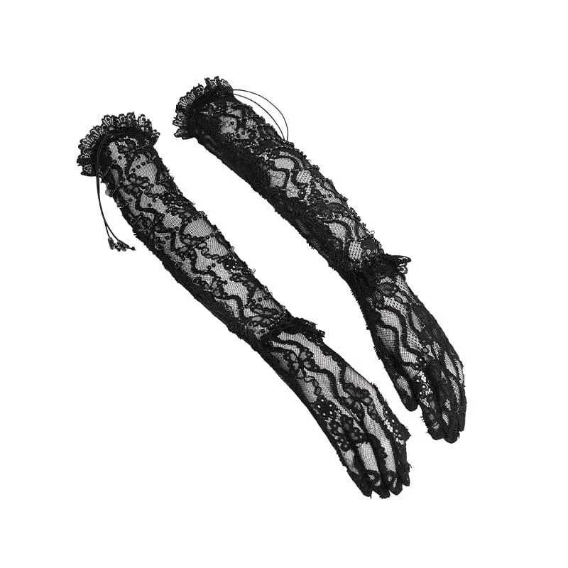 Lange gotische Damenhandschuhe mit Perlen- und Blumenstickerei