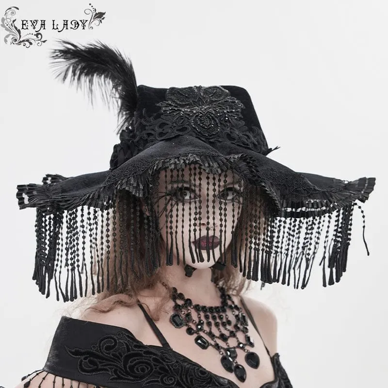 Gothic-Hexenhut für Damen mit Stickerei, Federquasten