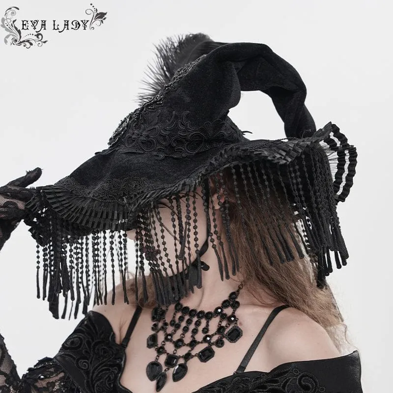 Gothic-Hexenhut für Damen mit Stickerei, Federquasten