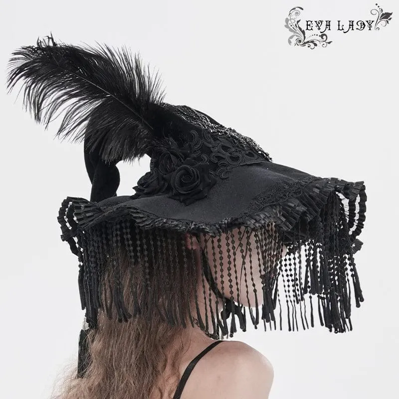 Gothic-Hexenhut für Damen mit Stickerei, Federquasten