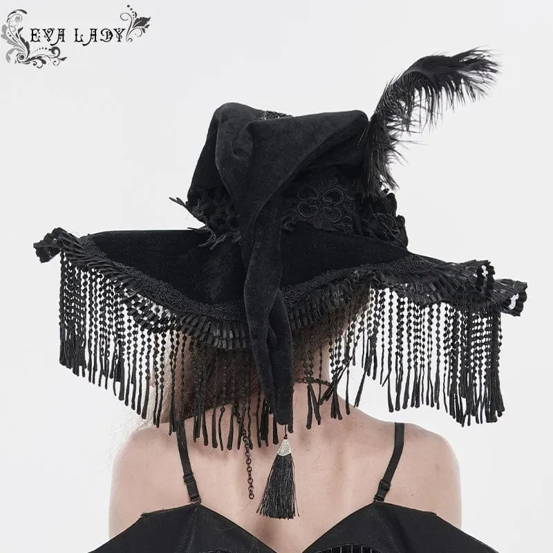 Gothic-Hexenhut für Damen mit Stickerei, Federquasten