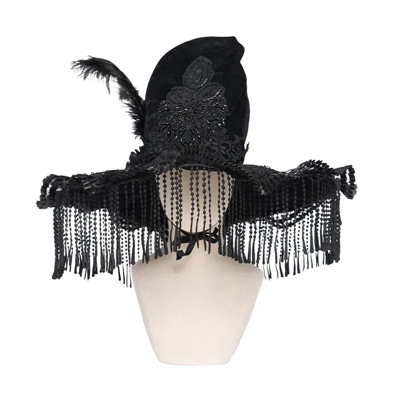 Gothic-Hexenhut für Damen mit Stickerei, Federquasten