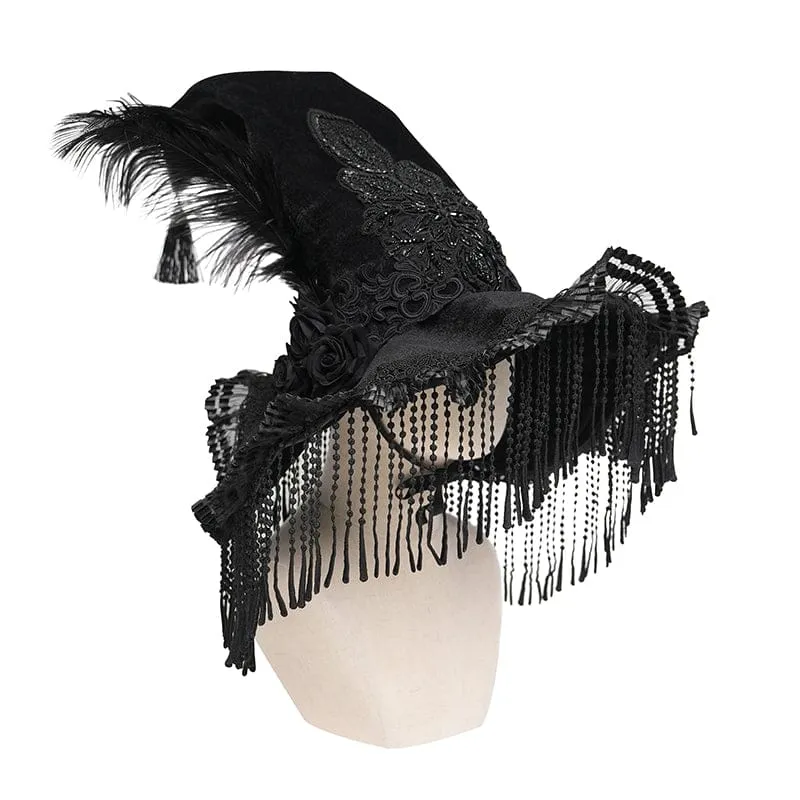 Gothic-Hexenhut für Damen mit Stickerei, Federquasten