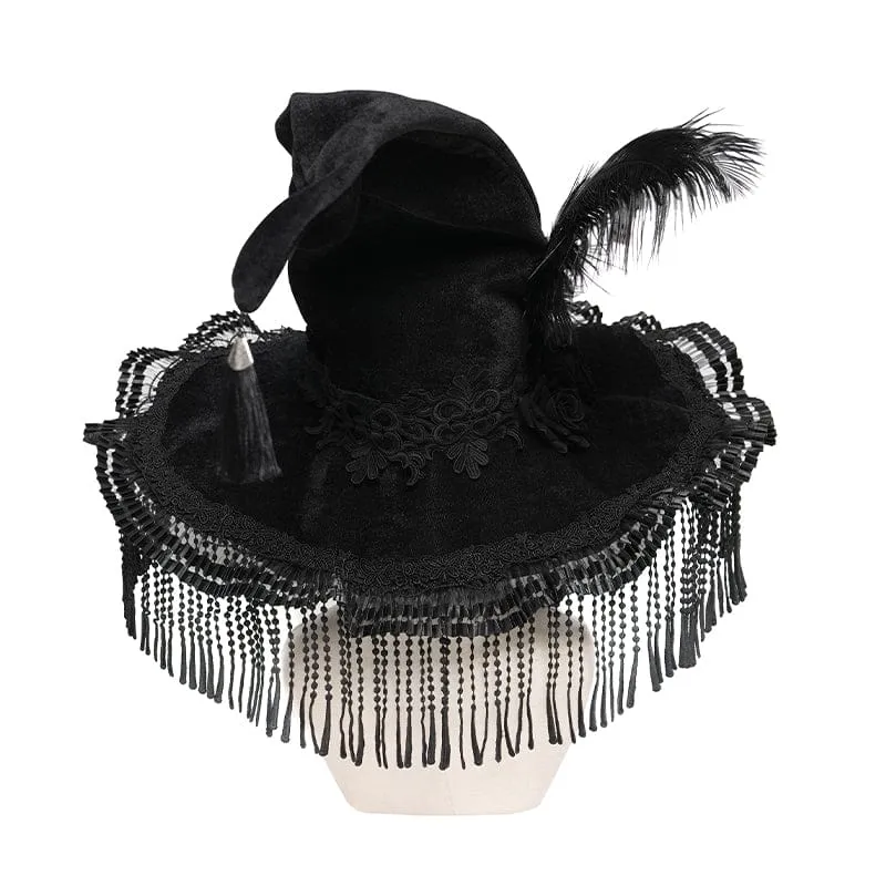 Gothic-Hexenhut für Damen mit Stickerei, Federquasten