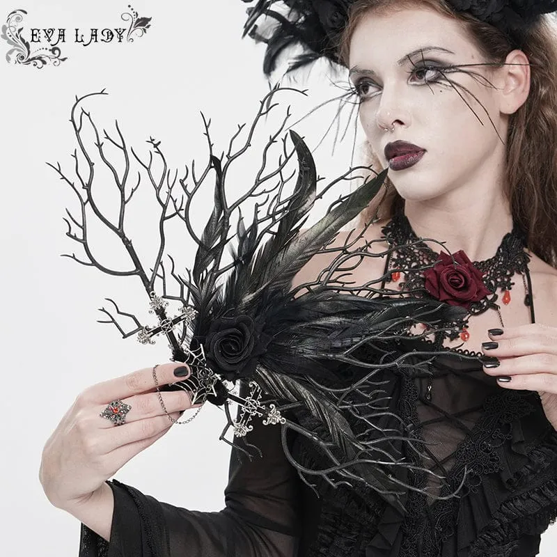 Gothic-Fächer für Damen mit Rosenfedern und dendritischem Design