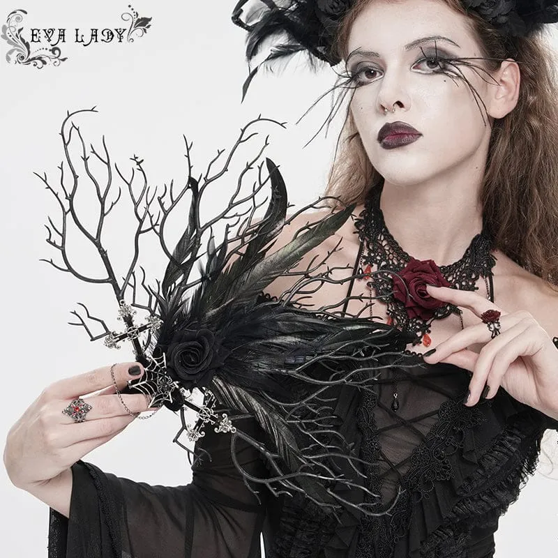 Gothic-Fächer für Damen mit Rosenfedern und dendritischem Design