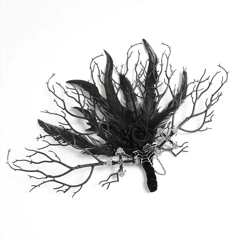 Gothic-Fächer für Damen mit Rosenfedern und dendritischem Design
