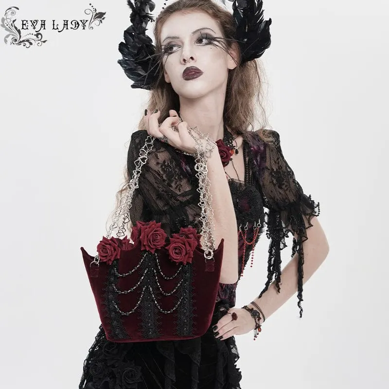 Gothic-Tasche für Damen, rot, mit Rosenmuster, Perlen und Kette